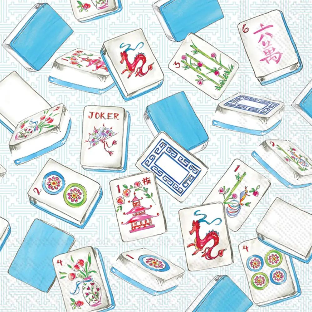 Colorful Mahjong tiles on a textured white background