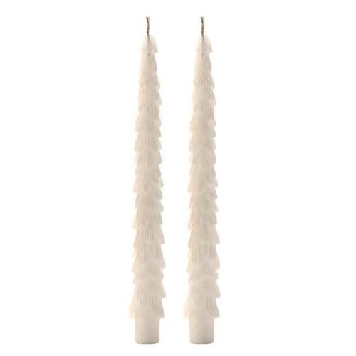 A pair of tall, narrow white taper candles with a layered, ruffled texture, shown against a plain white background.