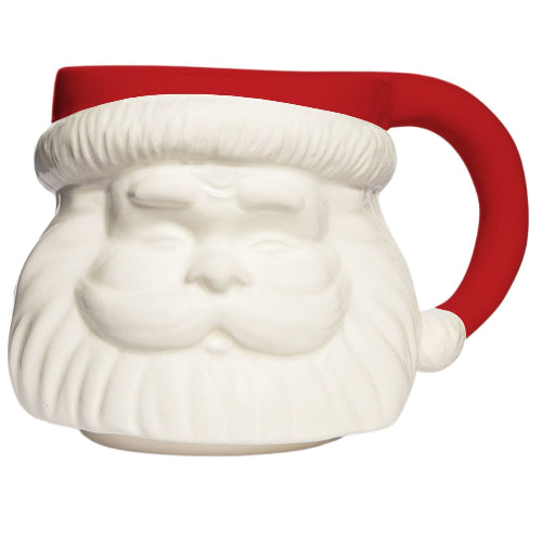 A novelty ceramic mug shaped like Santa's face, featuring a white sculpted beard and face with a red handle and red trim at the top, shown on a plain white background.