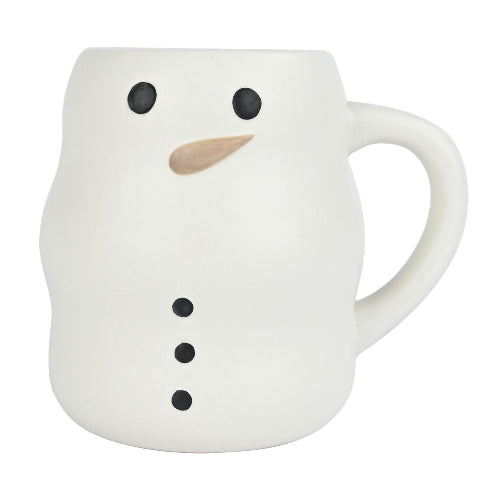 A white ceramic mug shaped like a snowman, featuring black dot eyes and buttons, a natural light wood carrot nose, and a white handle on a plain white background.