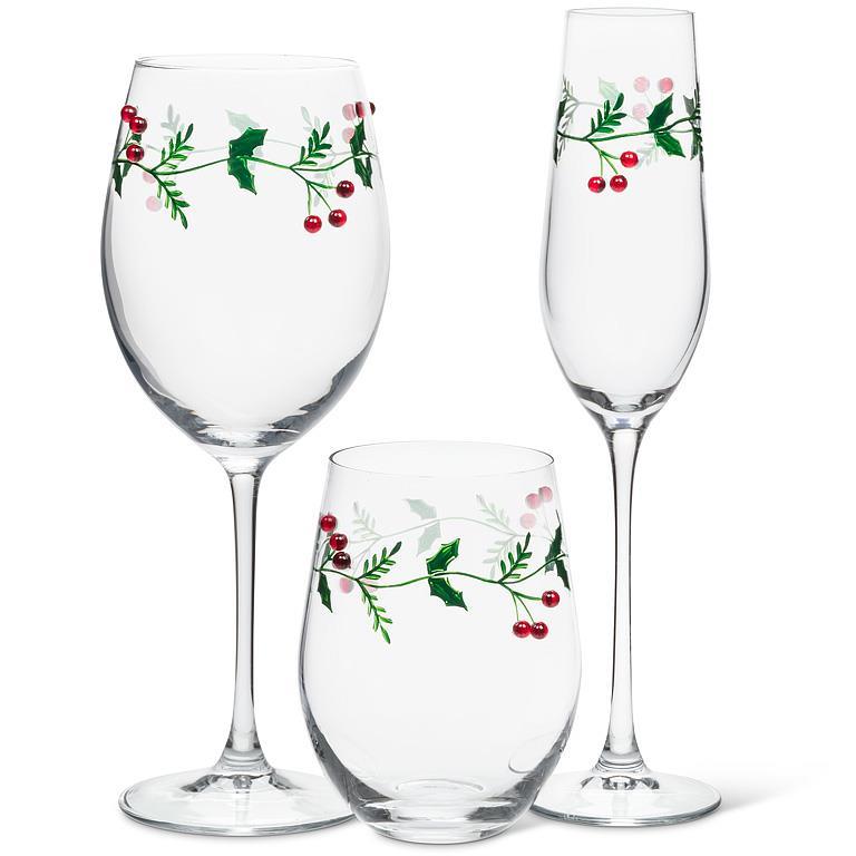 Abbott holly and berries stemless wine glass with matching glassware