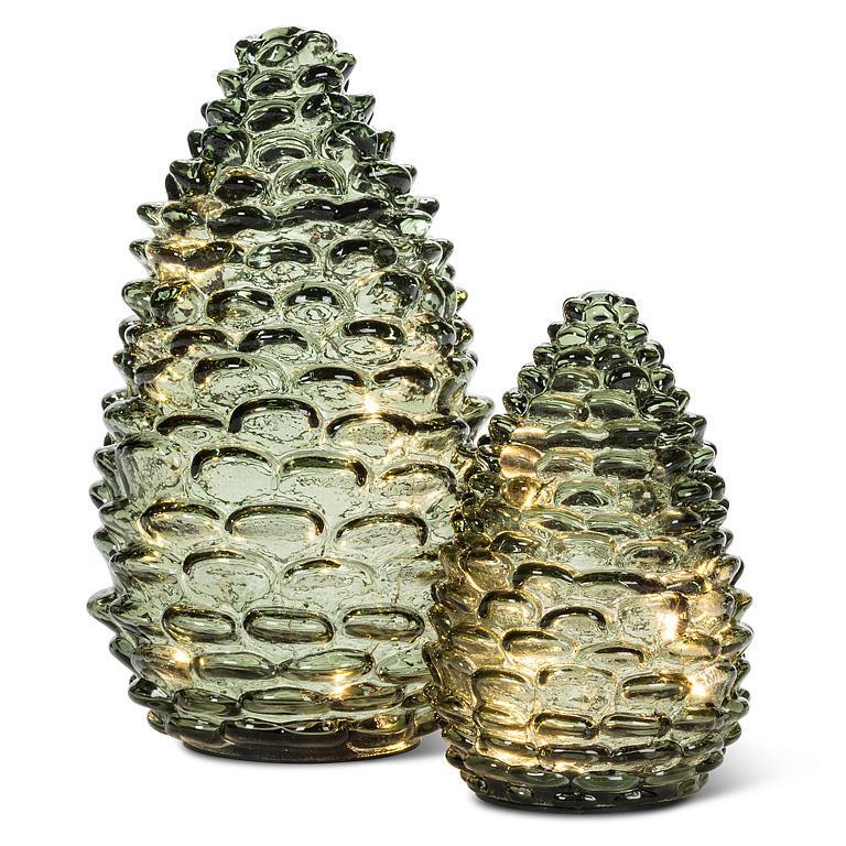 Abbott green glass pinecone LED lights, large and medium