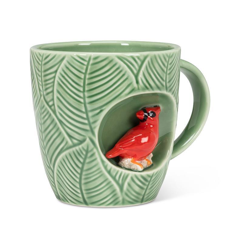 Abbott green leaf mug with cardinal in alcove, side view