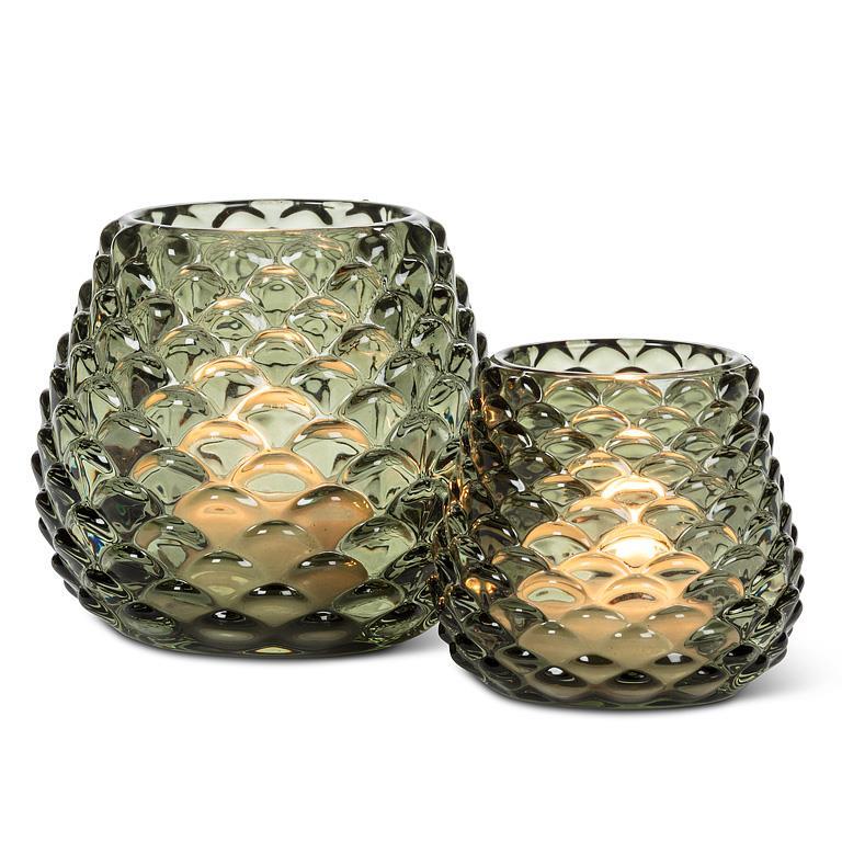 Abbott green glass pinecone tealight holders, medium and small