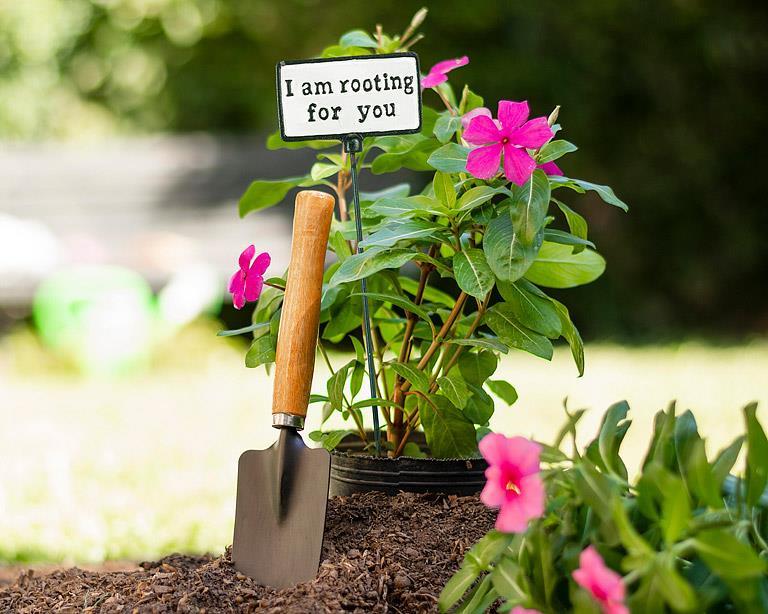 Abbott funny plant sign in a flower pot with a garden trowel