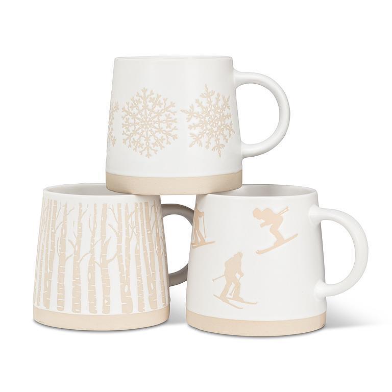 Abbott wide base mugs with skiers and winter scenes stacked
