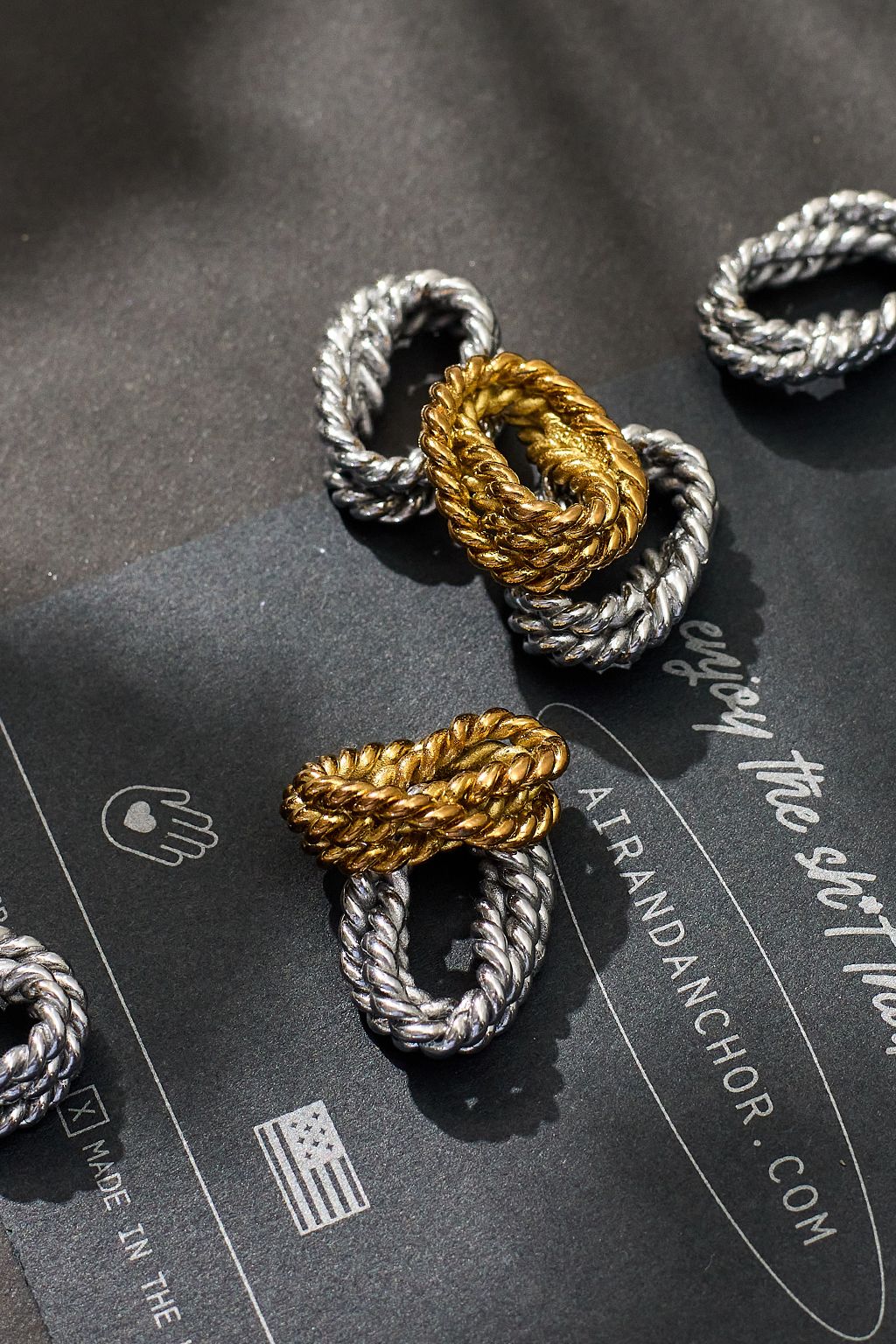 Air and Anchor Bound to Be rope knot sliders in gold and silver