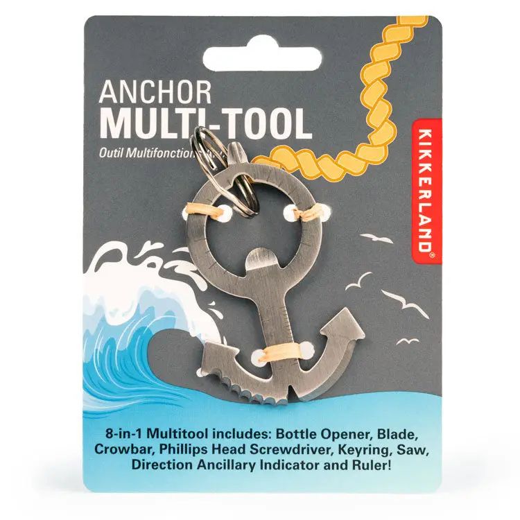 Anchor multi-tool keychain on Kikkerland packaging with wave and bird design