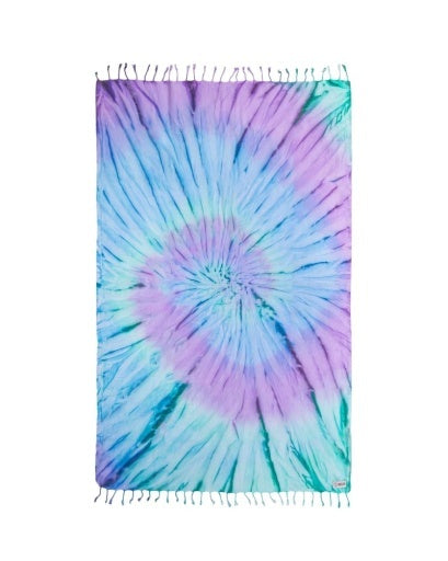 A rectangular tie-dye scarf with fringed edges, featuring a spiral pattern in shades of purple, blue, and teal on a white background.