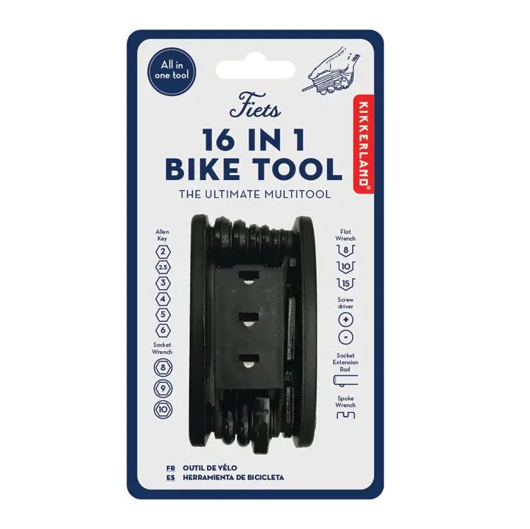 16-in-1 bike tool packaging with Kikkerland branding on a white background