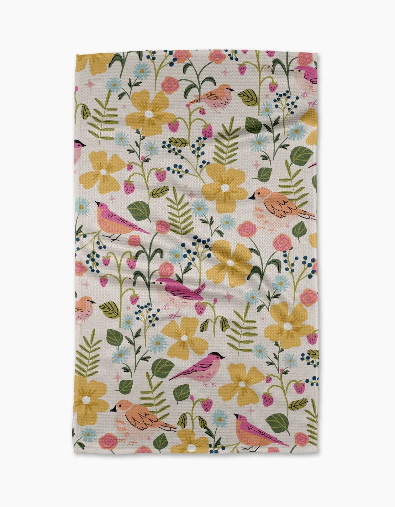 Floral and bird patterned fabric on a white background