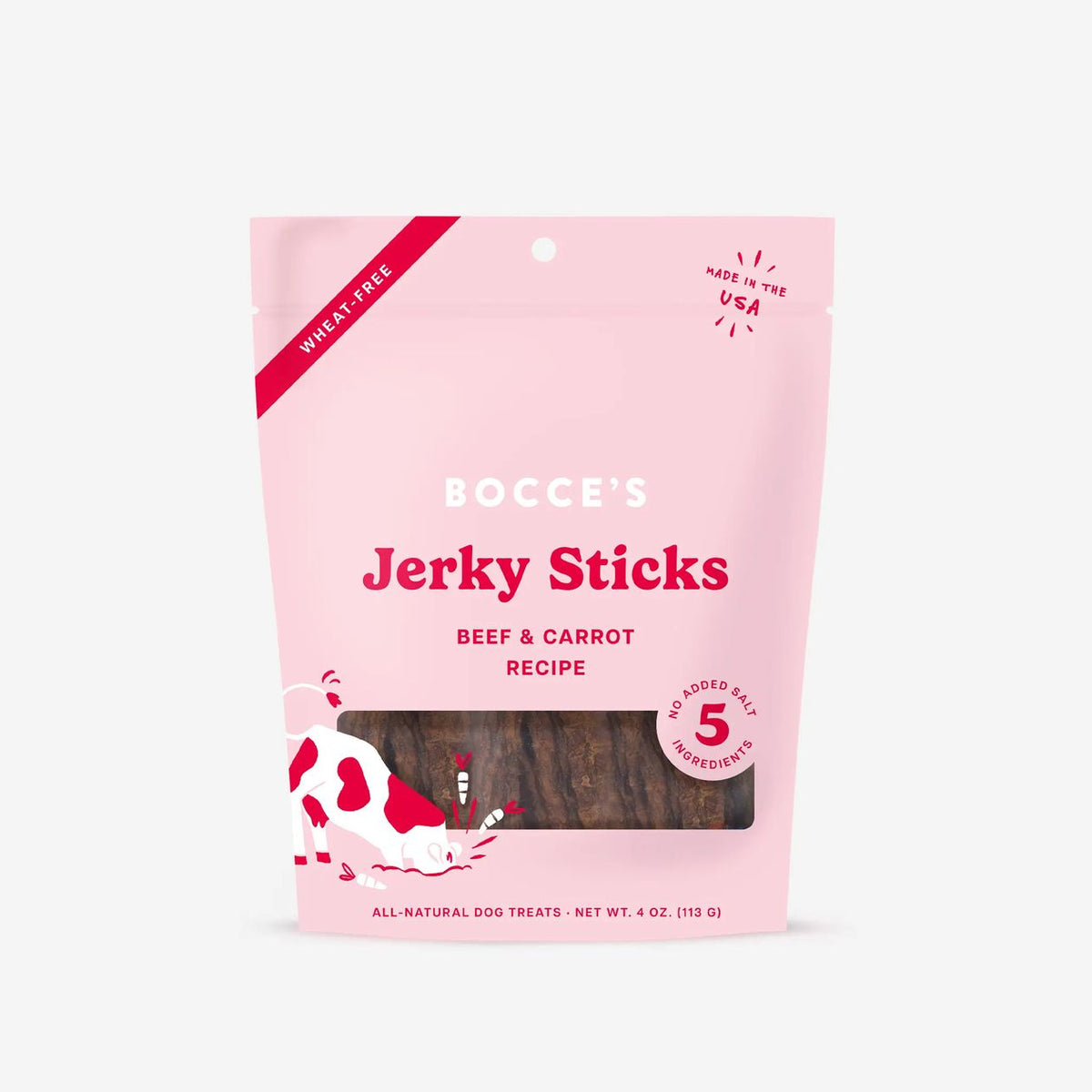Pink package of Bocce's Jerky Sticks with beef and carrot recipe on a white background