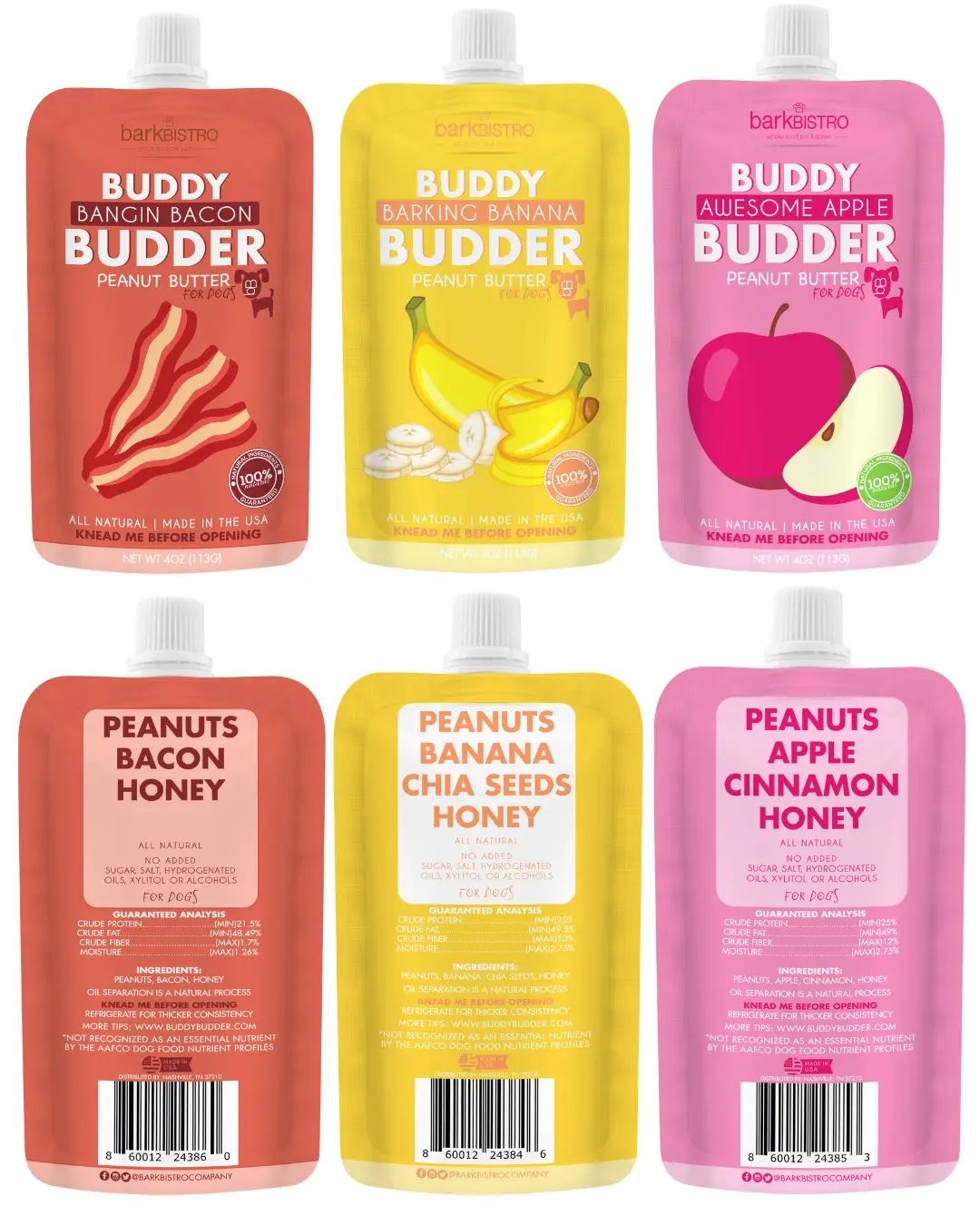 Six pouches of Buddy Budder snacks in different flavors with visible branding.