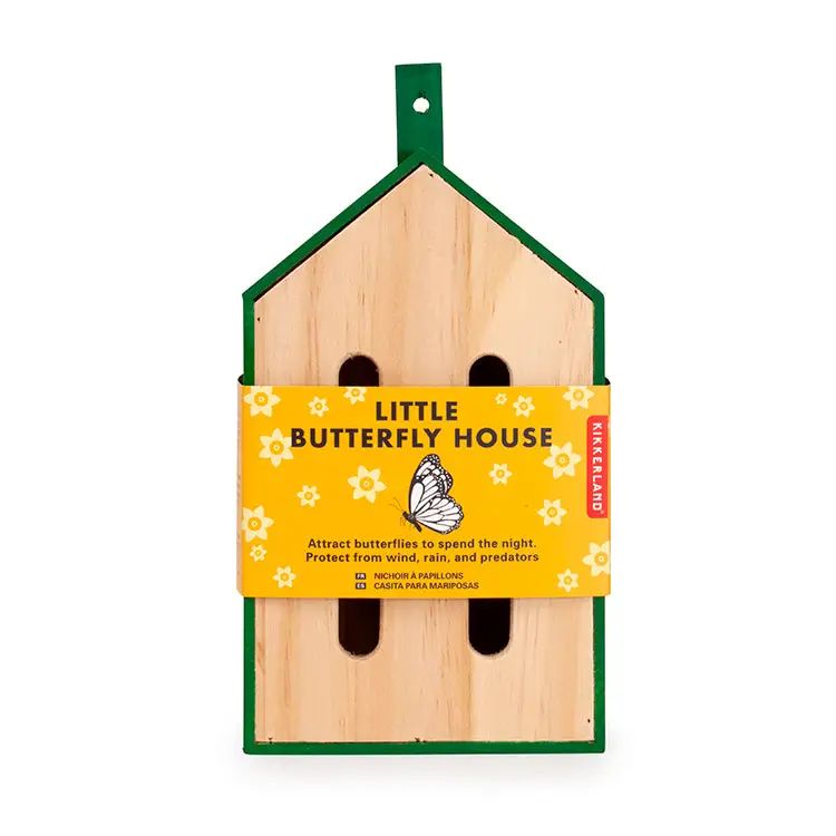Wooden butterfly house with a yellow label on a white background