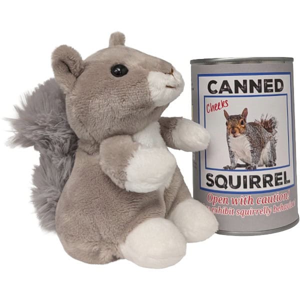 Canned Gray Squirrel plush in a can by Canned Gifts