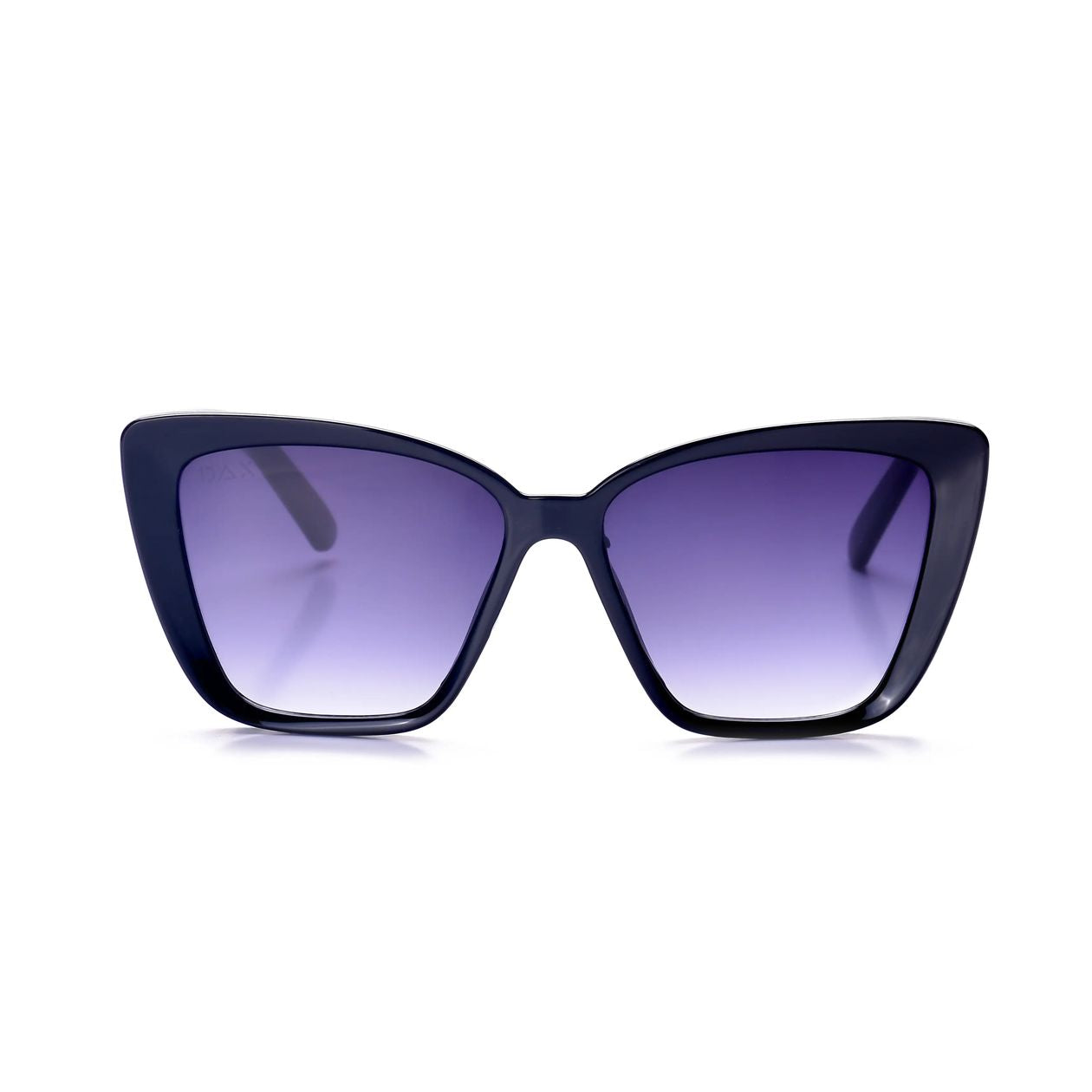 Black cat-eye sunglasses with purple gradient lenses on a white background