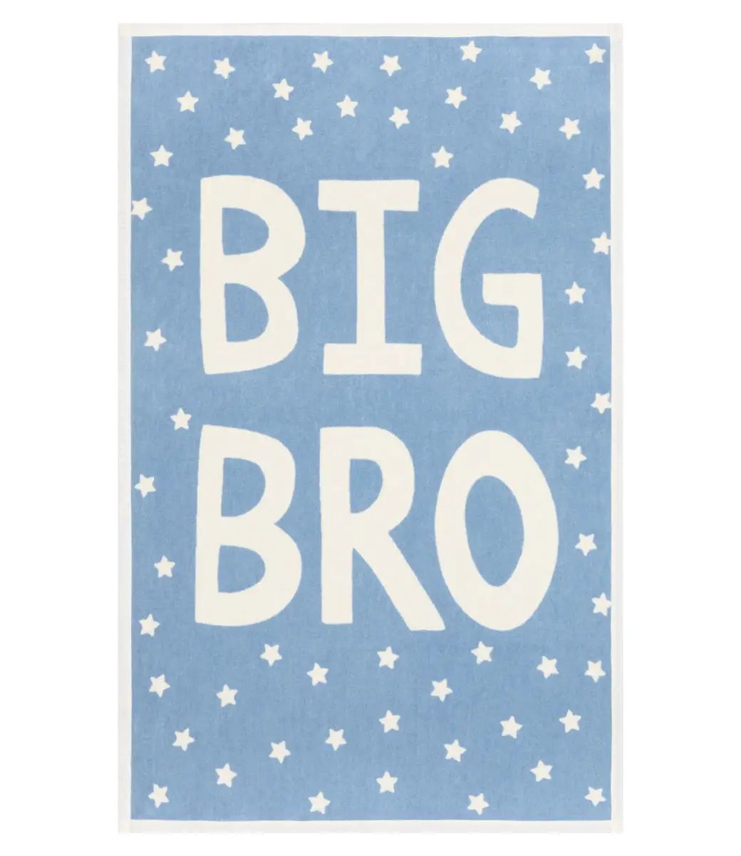 Blue nursery rug with 'BIG BRO' text and star patterns