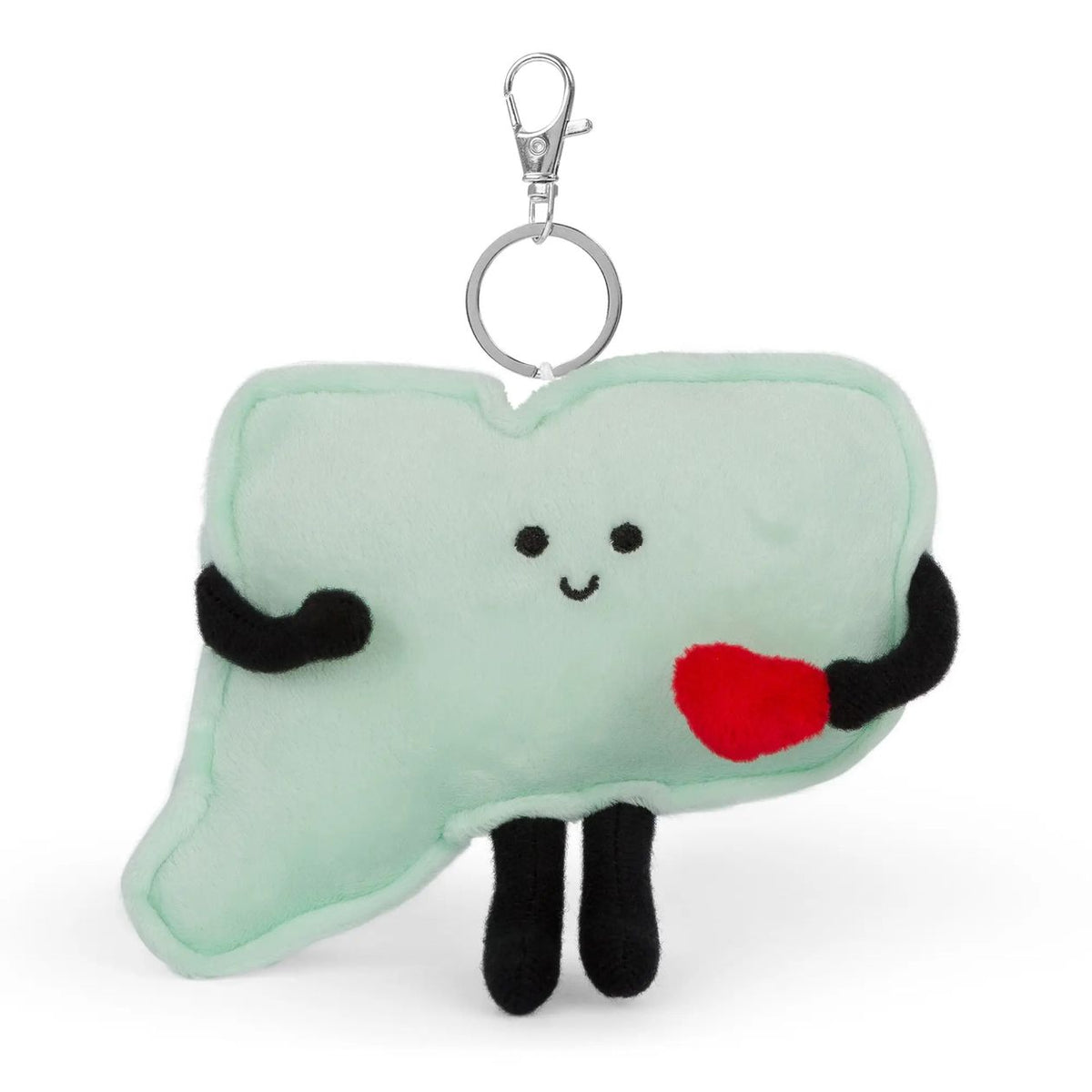 Plush keychain shaped like connecticut with a red heart and black arms and legs on a white background