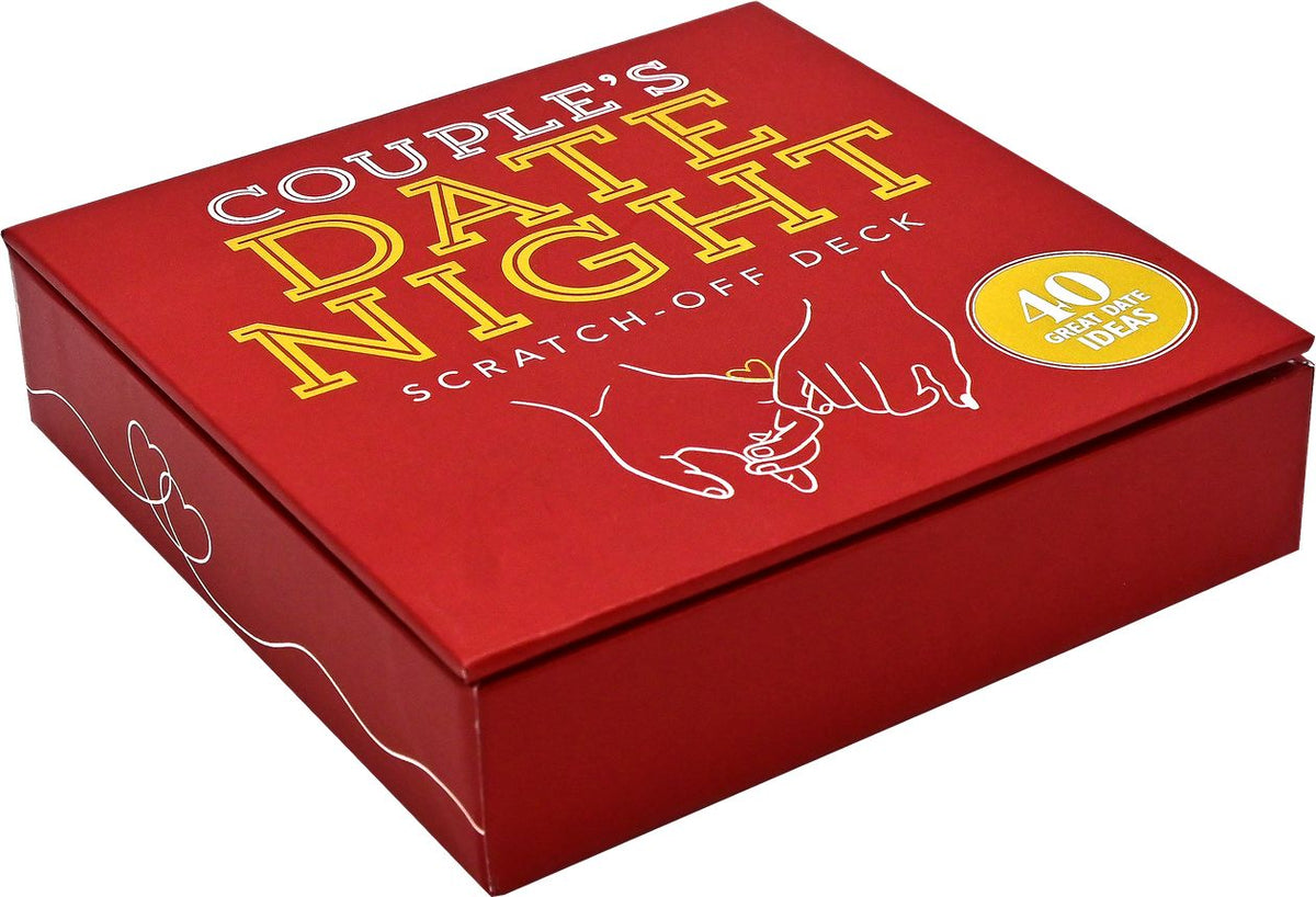 Red box with 'Couples Date Night Scratch-Off Deck' text and design on a white background