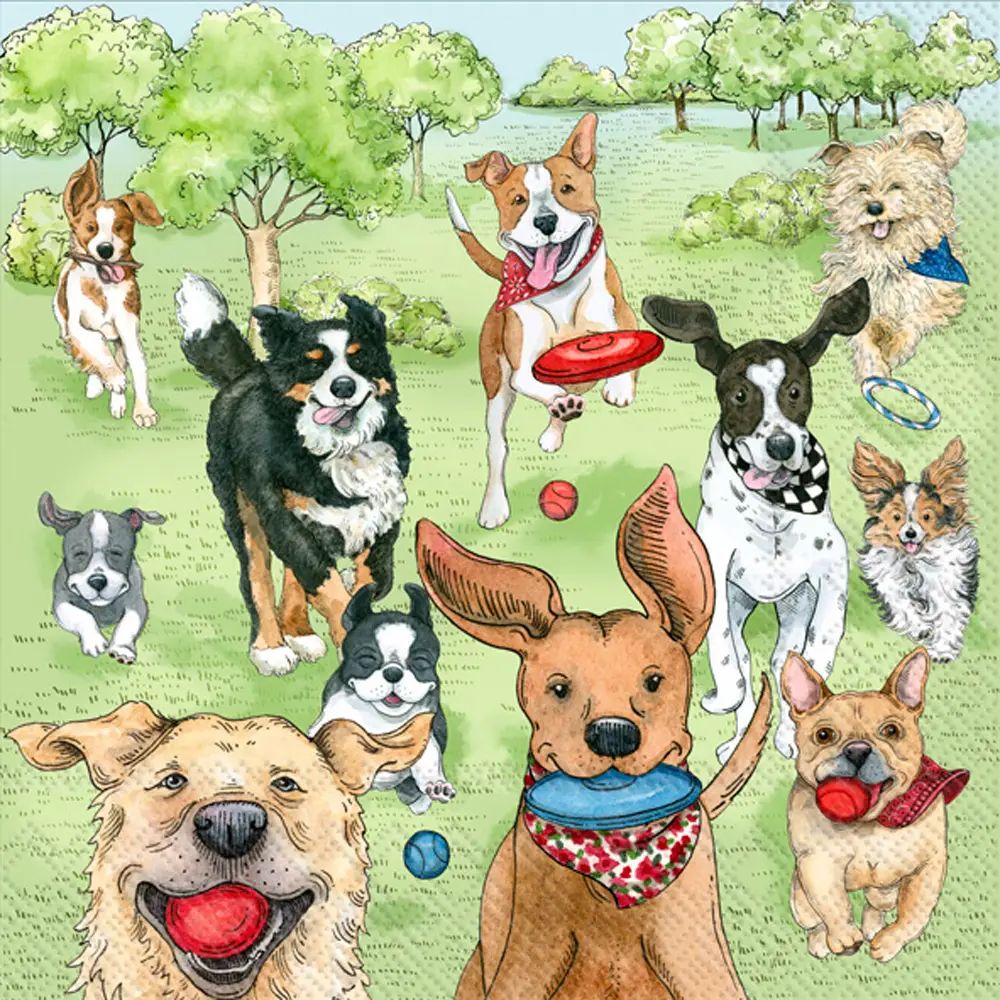Illustration of various dogs playing in a park with trees and grass.