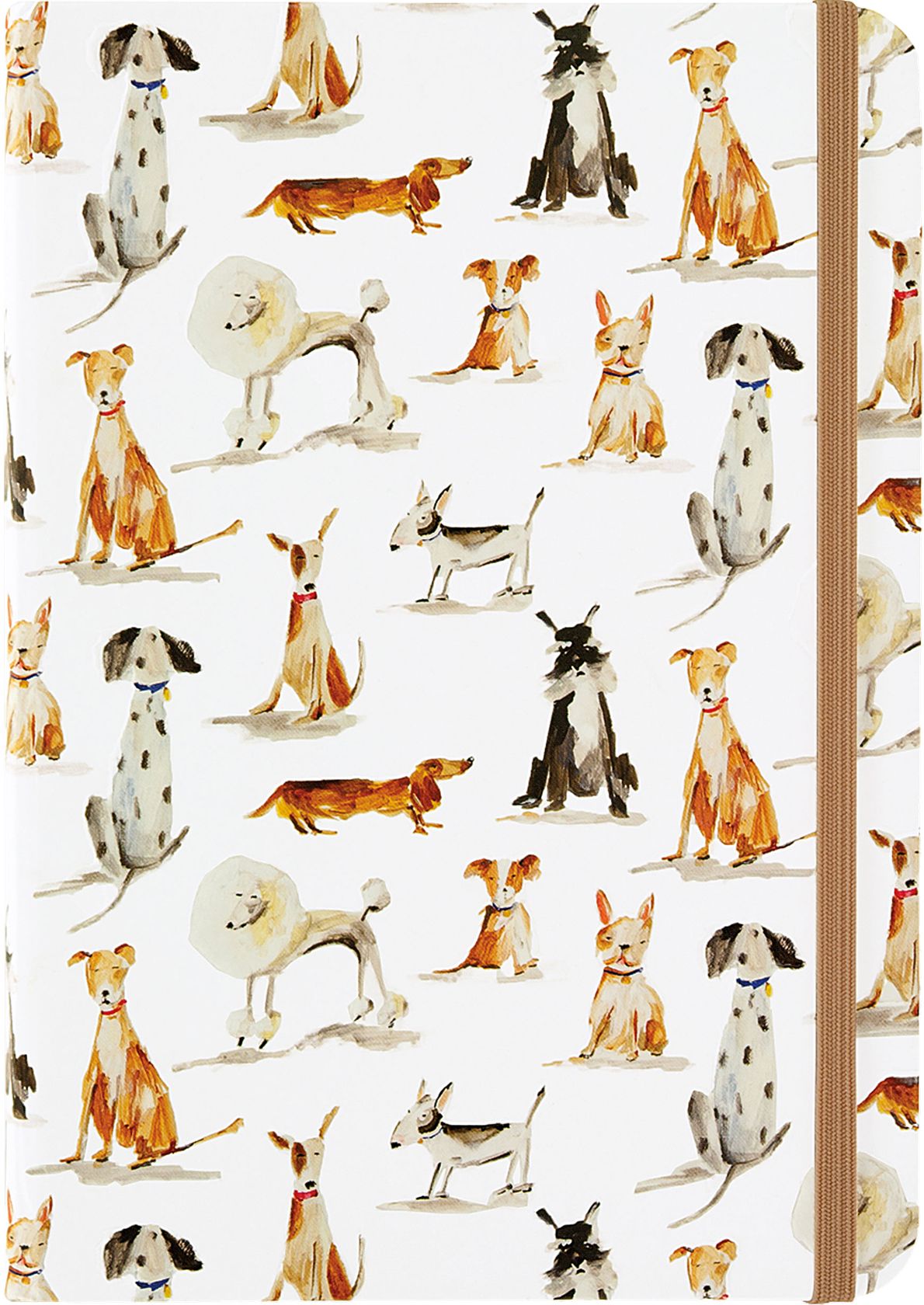 A notebook or journal with a white cover covered in a repeating watercolor-style print of various dog breeds. A brown elastic closure band is visible on the right side.