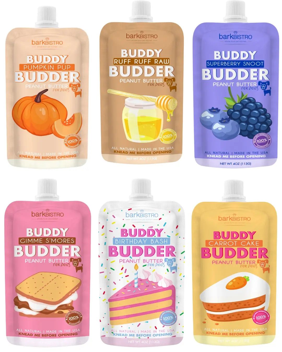 Collection of Barkistreo Buddy Budder peanut butter pouches in various flavors.