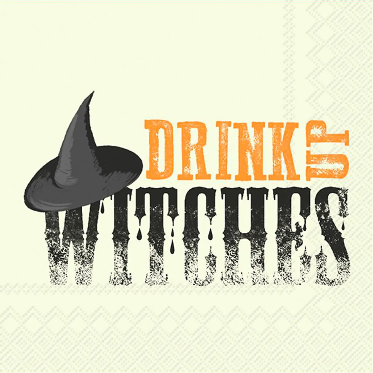 Halloween-themed graphic with a black witch hat and the words “DRINKS WITH US” in orange and dripping black lettering on a pale cream background with subtle paper texture.