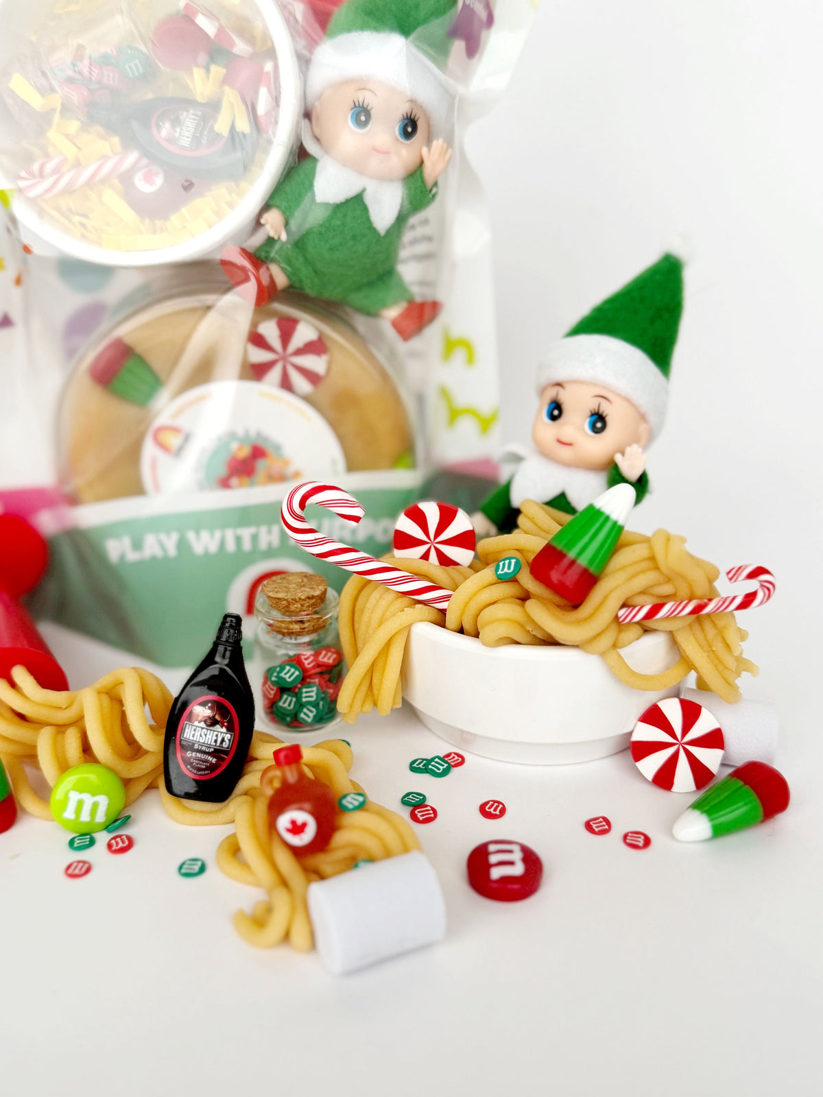 Earth Grown KidDoughs Elf Breakfast KidDough Play Kit contents with elf figure, peppermints and holiday accessories