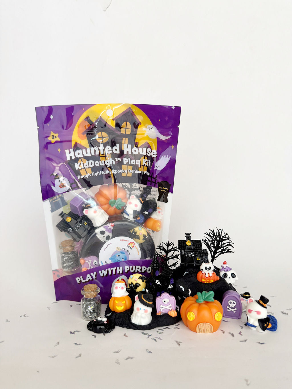 Earth Grown KidDoughs Haunted House KidDough Play Kit package with ghosts and pumpkins on white
