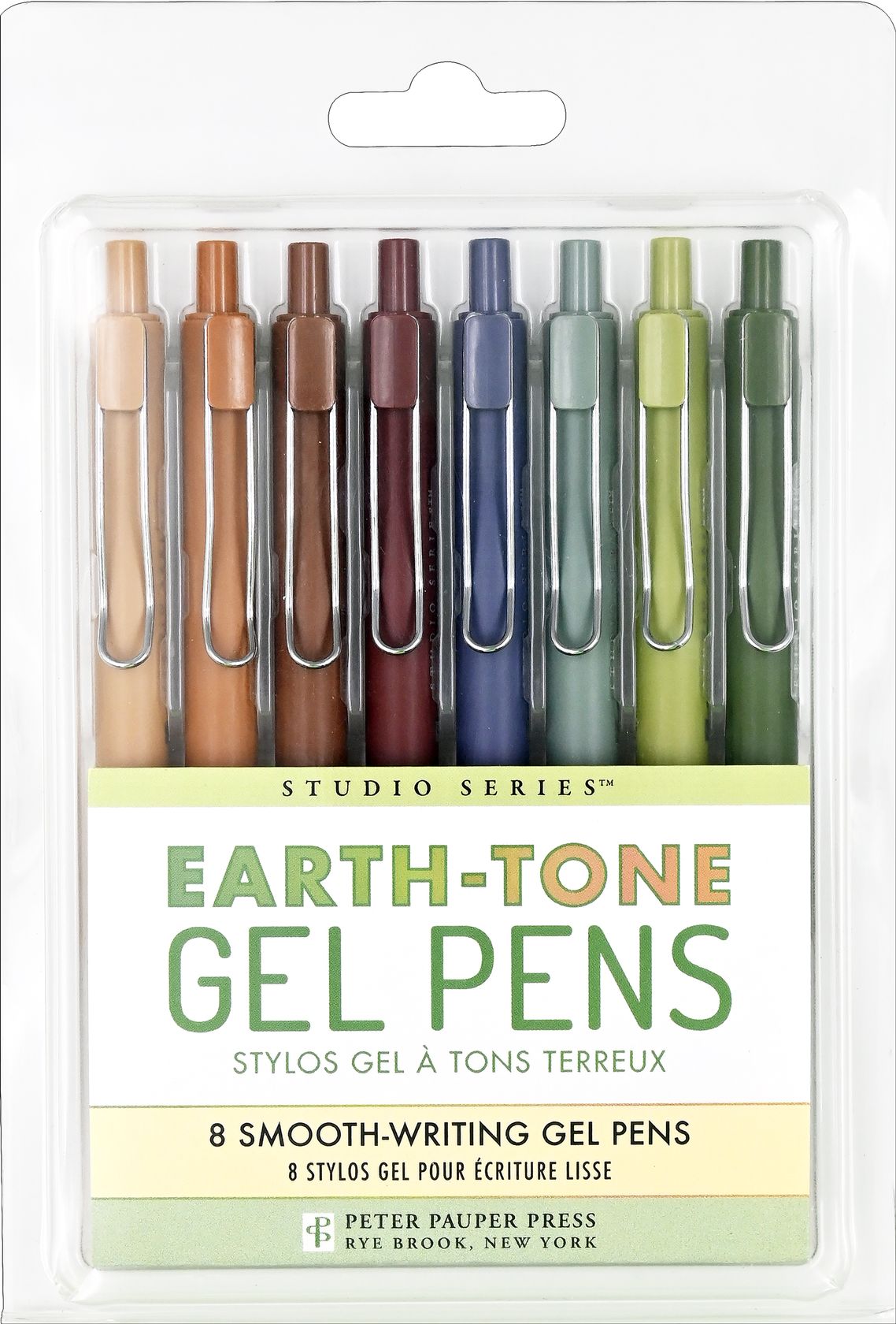 Pack of earth-tone gel pens with colorful caps on a white background