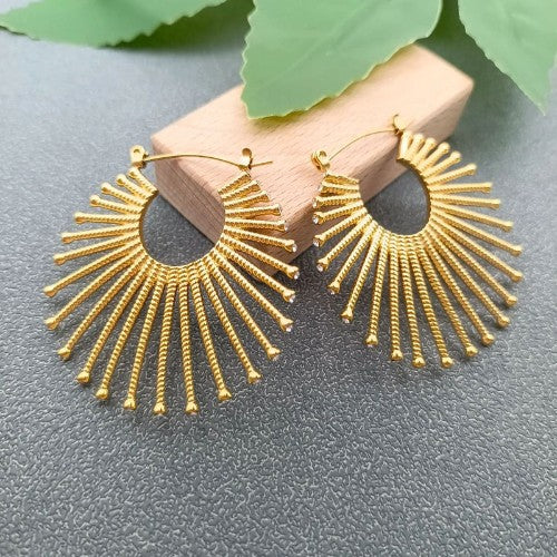 Square product photo of gold-plated fan-shaped hoop earrings with inlaid CZ stones for Google Shopping