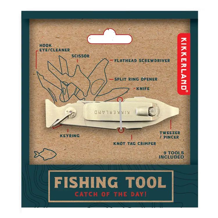 Fishing tool set with Kikkerland branding on a cardboard backing