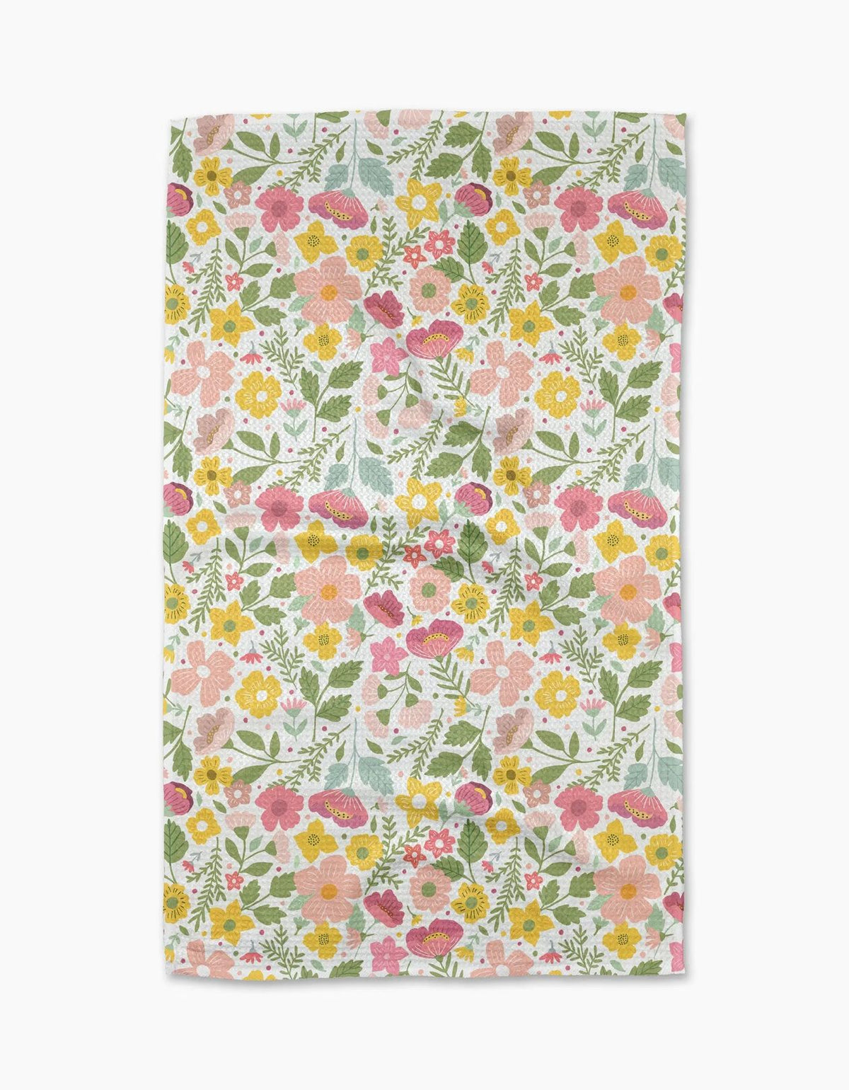 Floral patterned dishtowel with pink, yellow, and green flowers on a white background