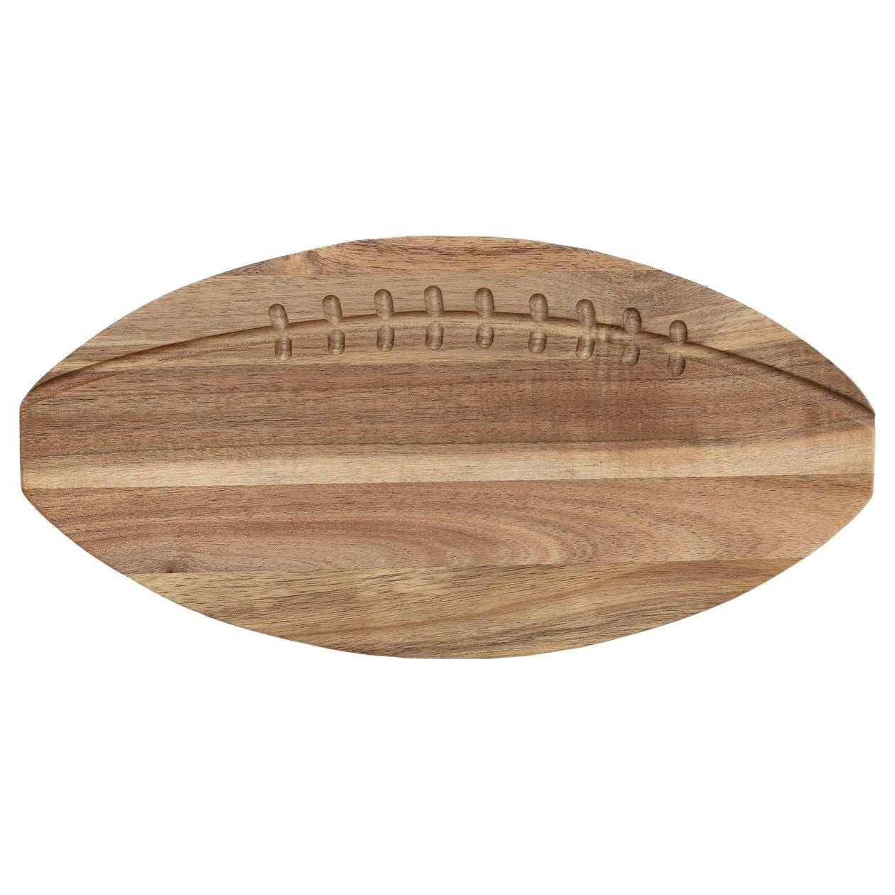 A football-shaped wooden cutting board with a natural wood grain finish and engraved laces, shown on a plain white background.