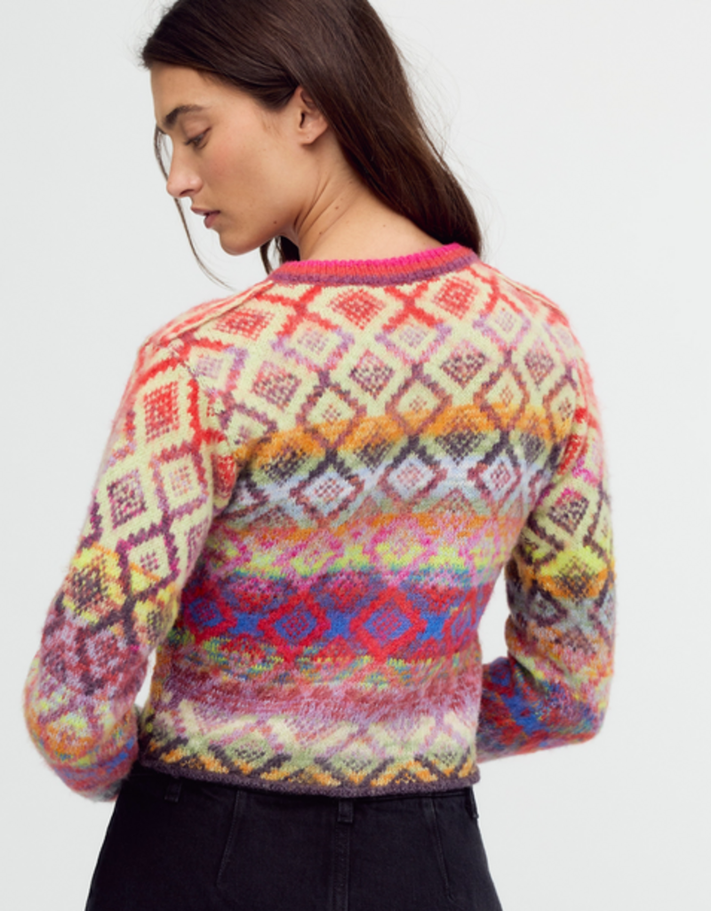 Free People Skye Patterned Cardigan in Rainbow Sky, back view