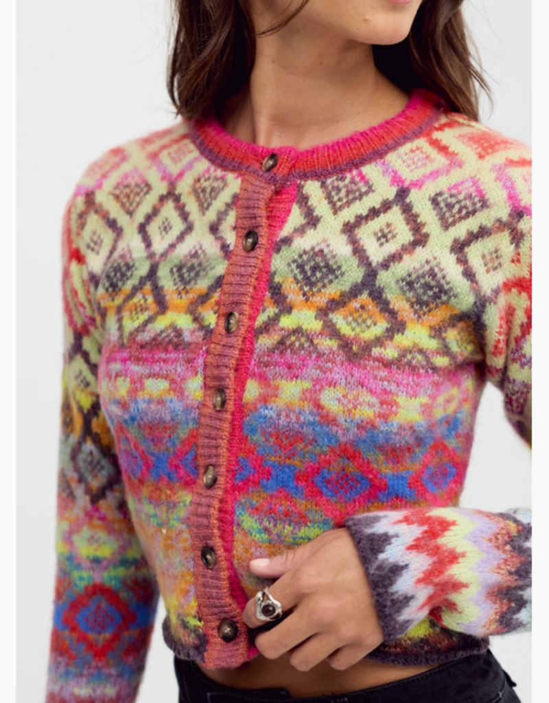 Free People Skye Patterned Cardigan in Rainbow Sky, button and knit detail