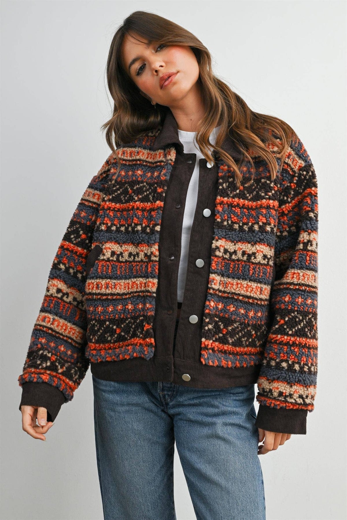 Geometric sherpa fleece jacket in brown multi, styled front