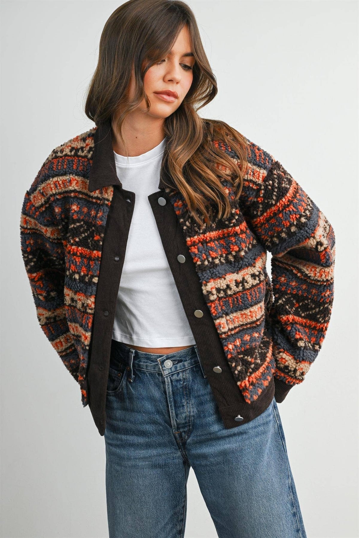Geometric sherpa fleece jacket in brown multi, alternate front view