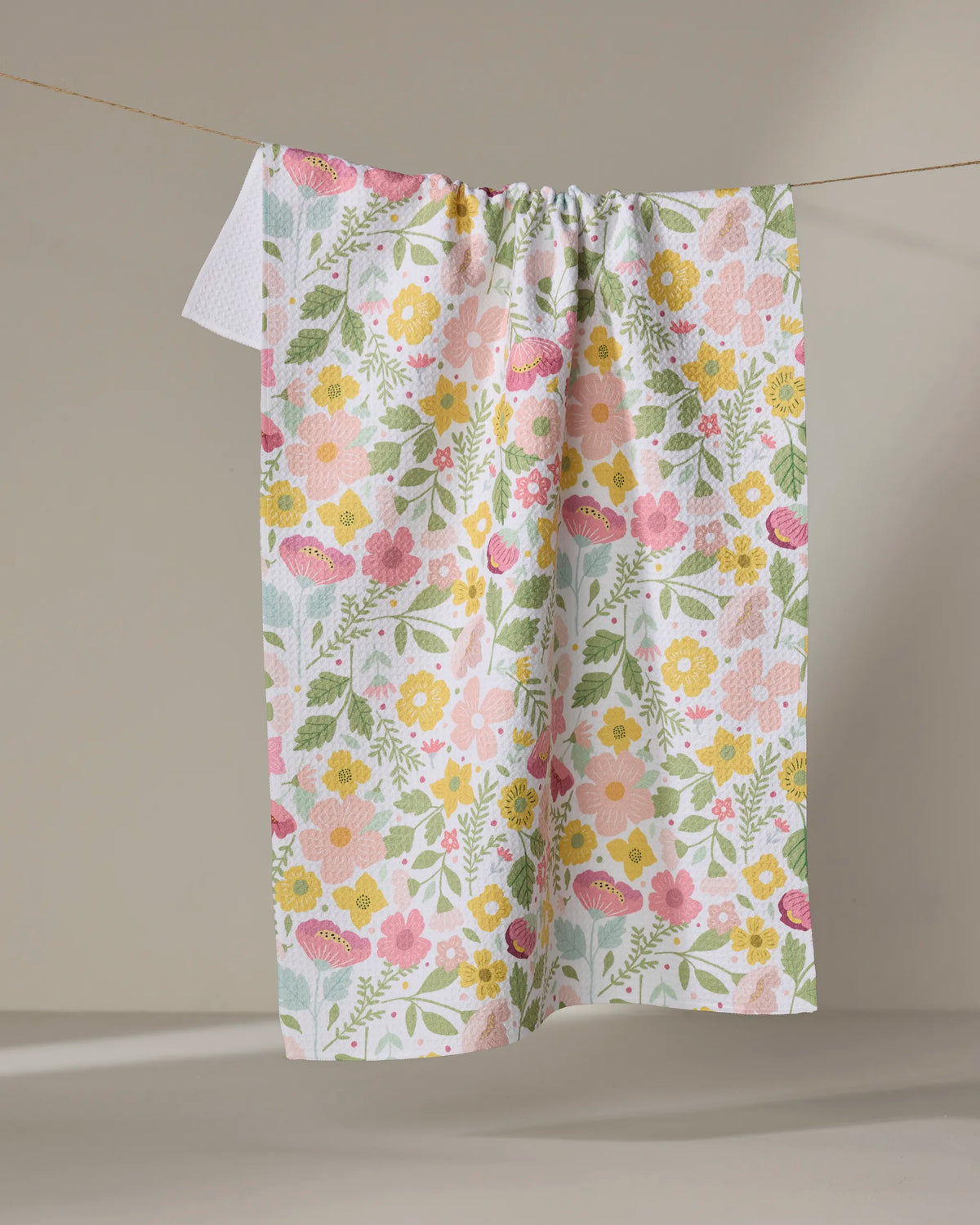 Geometry Blooming Days tea towel laid flat showing the full floral print