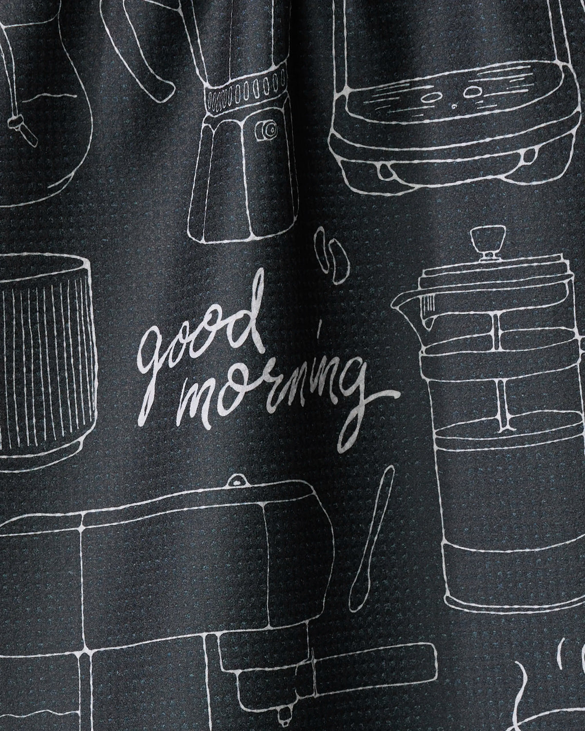 Close-up of the Geometry Good Morning Coffee tea towel print and recycled Geoweave fabric texture