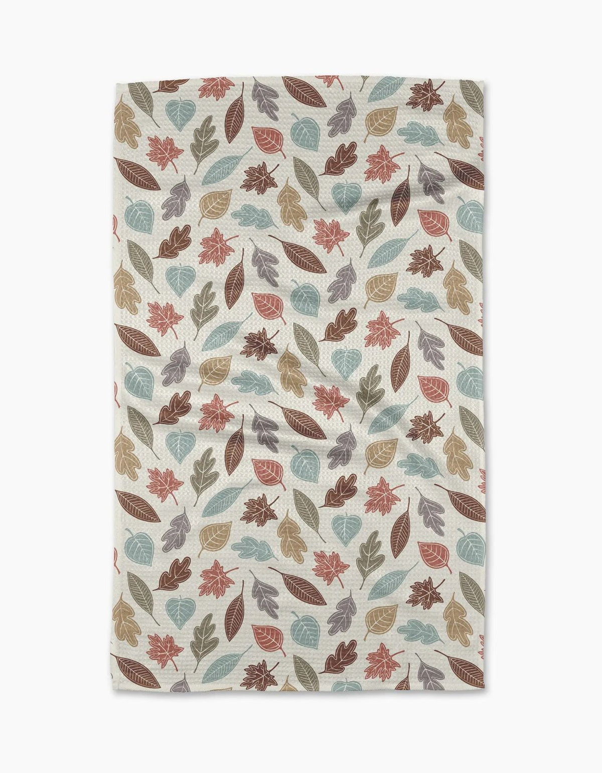 Harvest Scatter tea towel in cream with sage, teal, rust, and mauve autumn leaf print