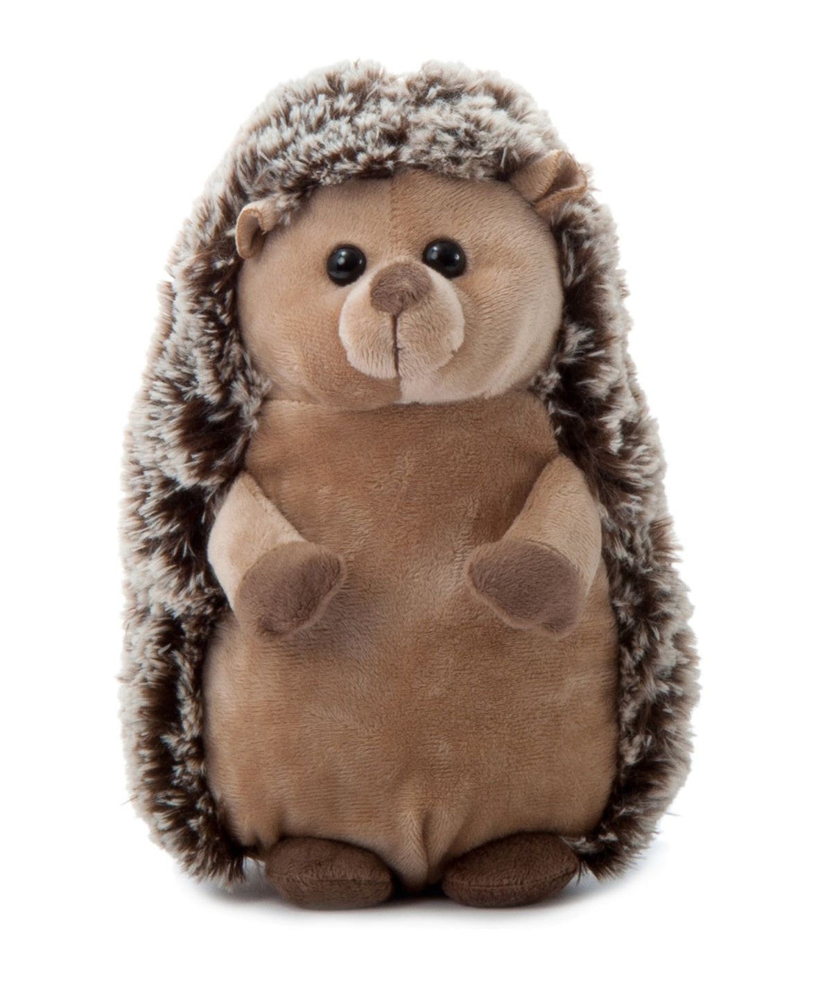Plush toy hedgehog with a brown body and gray spines on a white background