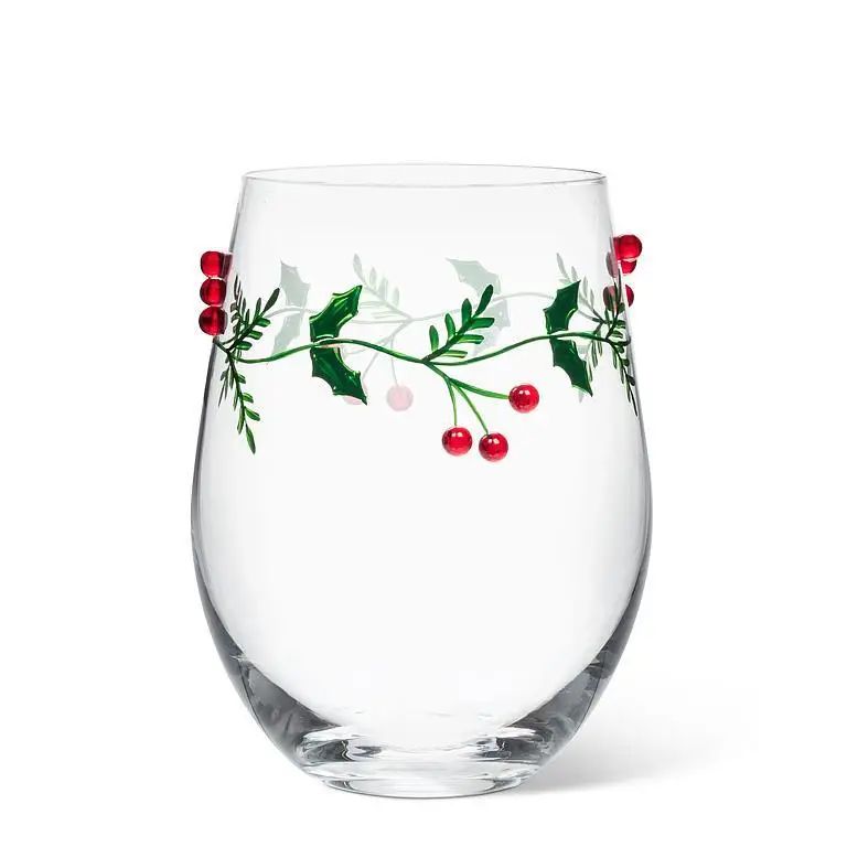 Abbott holly and berries stemless wine glass
