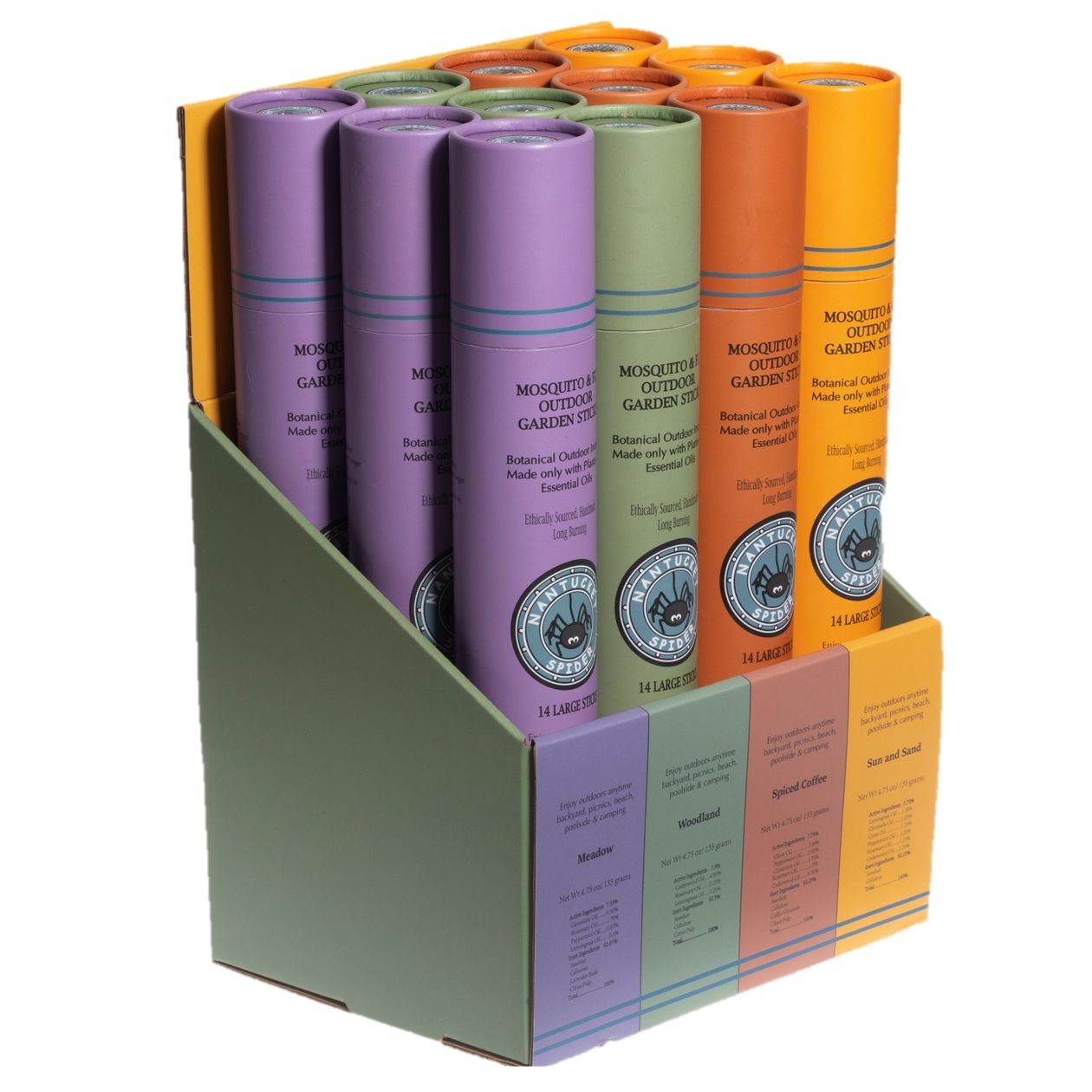 Stack of colorful cylindrical products with labels in a green display box.