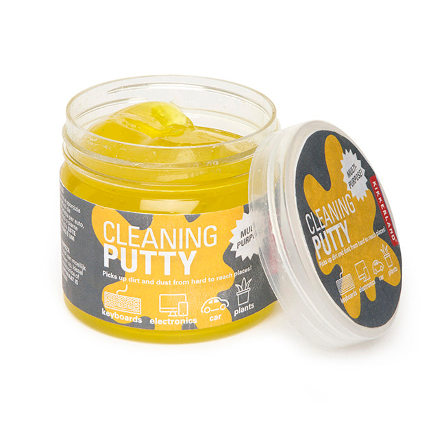 Kikkerland yellow cleaning putty jar with lid off