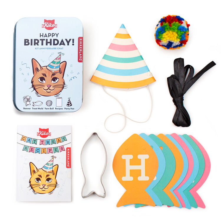 Kikkerland Kiko cat happy birthday kit with party hat, banner and toys