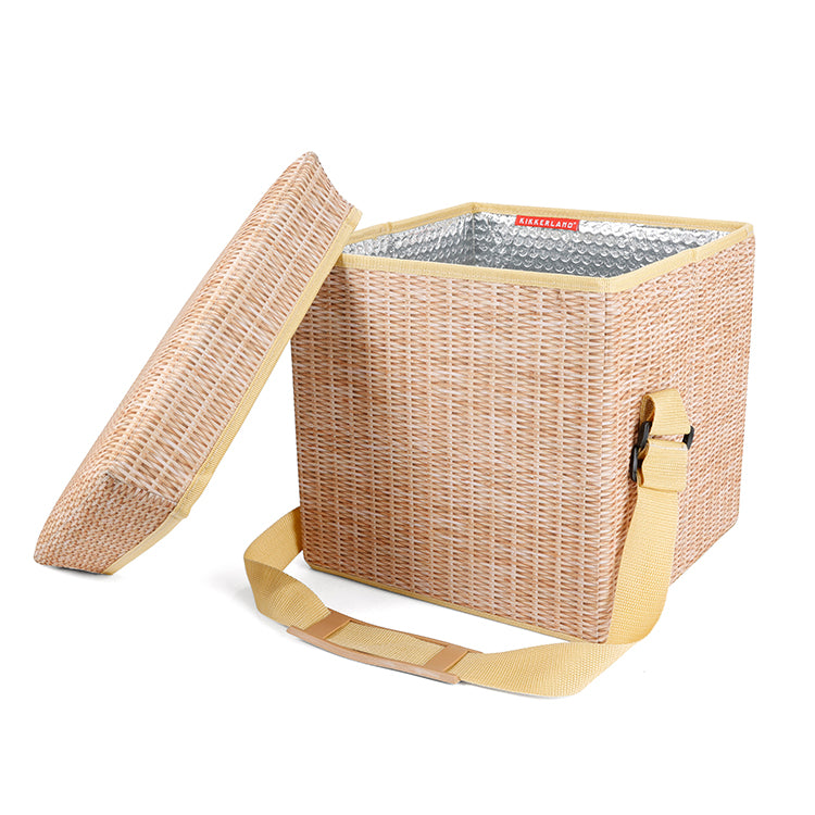 Kikkerland wicker-look picnic cooler seat with lid open and shoulder strap