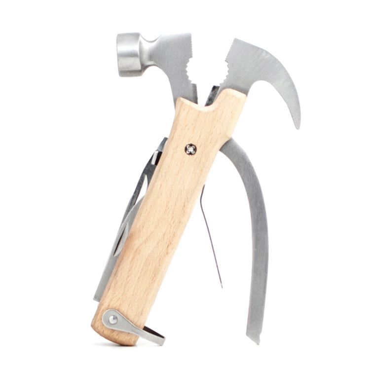 Kikkerland wood multi-function hammer tool unfolded showing pliers, knife and screwdrivers