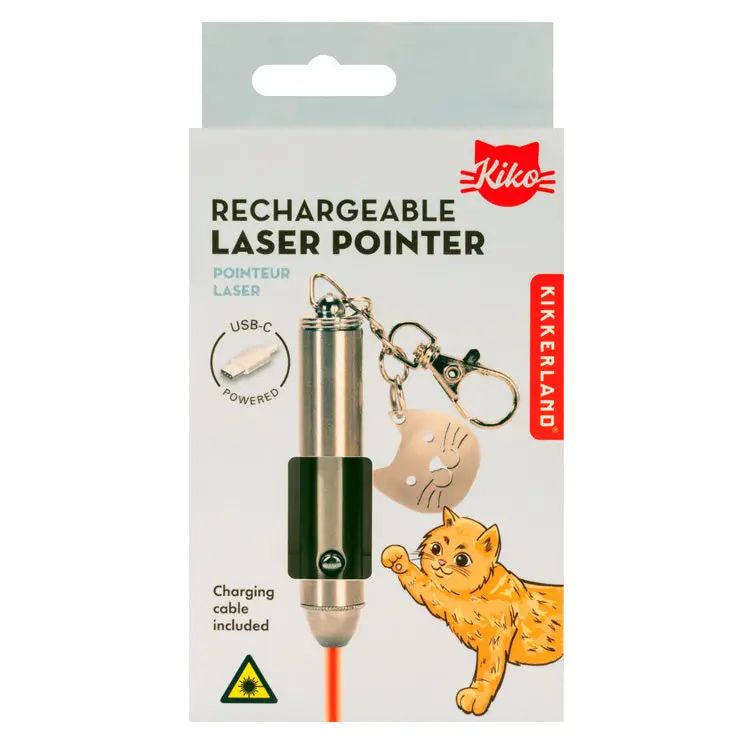 Kikkerland rechargeable laser pointer packaging with a cat illustration on a white background