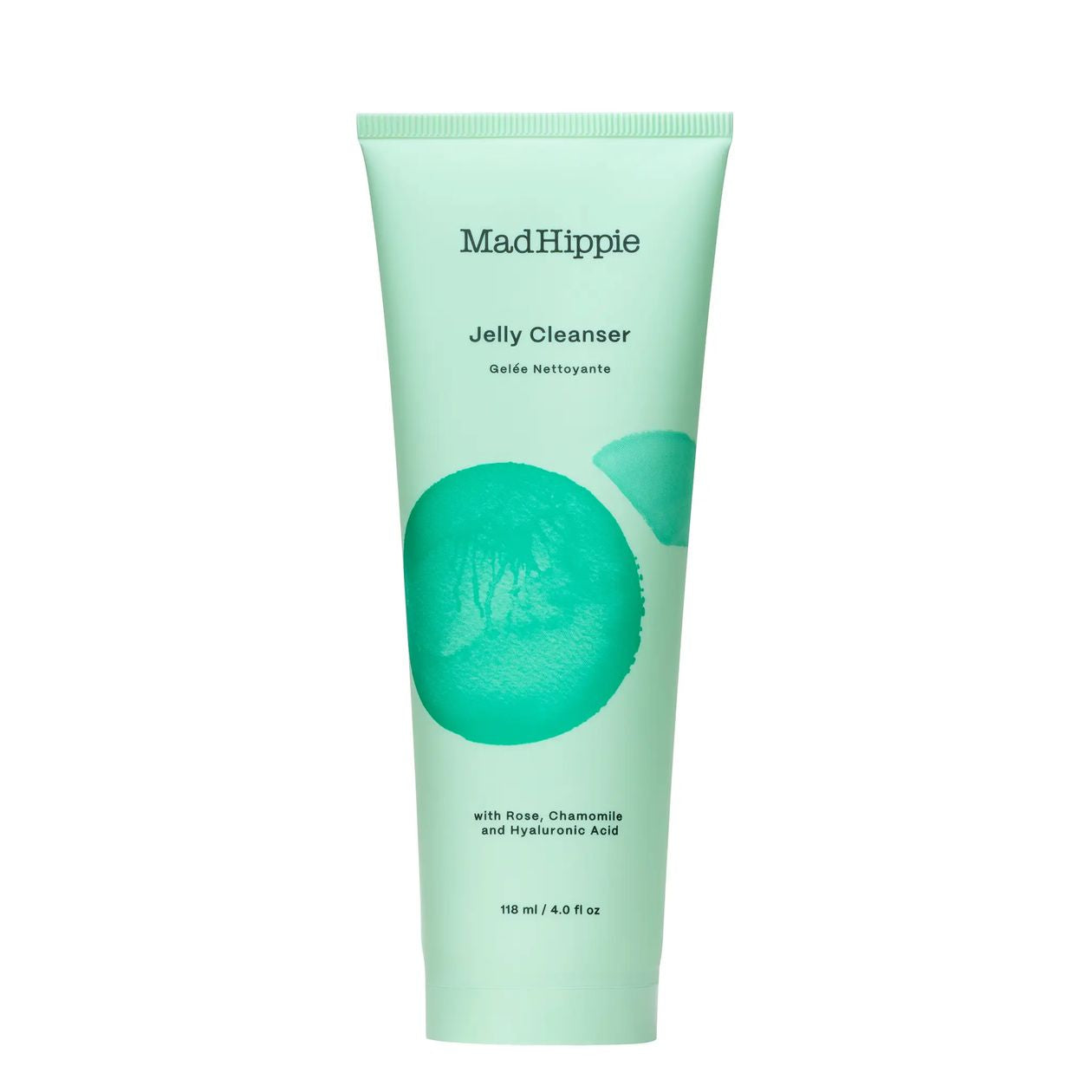 Green tube of Mad Hippie Jelly Cleanser on a white background